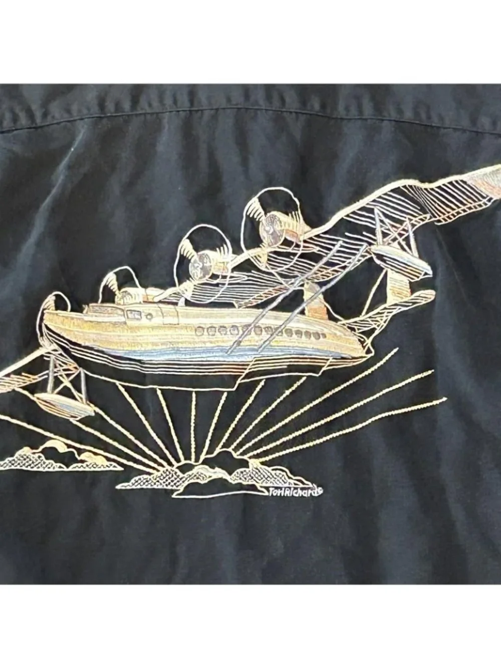 Tori Richard Shirt Mens XL Black Silk Seaplane Embroidered Hawaiian Aloha Camp